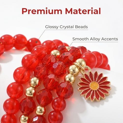 LOTSOF Boho Flower Beaded Bracelet Set for Women - Multilayer Crystal & Flower Charm Stackable Bracelets, Fashion Jewelry Gift for Her - color: Red