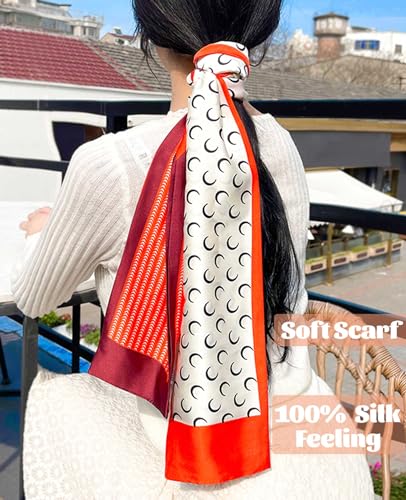kcctoo 59” Long Silk Like Head Scarf Women's Fashion Square Neck Satin Scarfs for Bag Hair Scarves Gift 59 * 5.9” - color: Y2 Moon Orange 59" X 5.9"