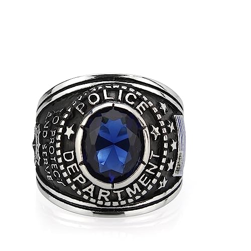 Mia Arte Mens Custom US Vintage Police Officer Shield Ring with Engraved Name | Durable TK316 Stainless Steel | Size 8-14 - color: Silver
