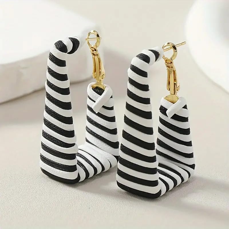 Chunky Leopard Leather Earrings Bohemia Camouflage Leather Dangle Earrings Chunky Rectangle Black White Zebra Print Earring Handmade Vintage Faux Leathers Statement Earring Boho Style Jewelry - color: Black+White