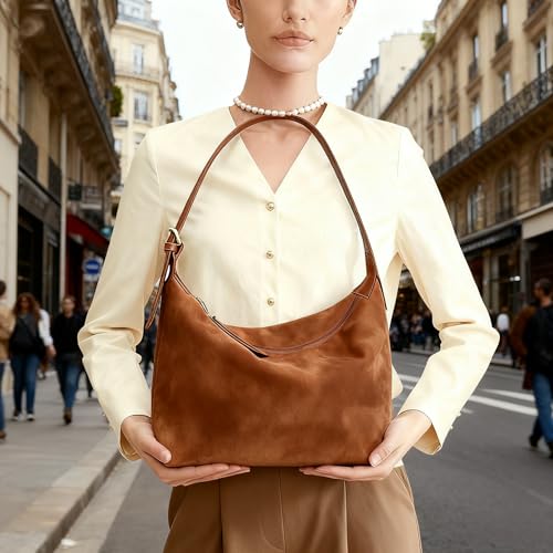 Suede Hobo Bag For Women,Vintage Shoulder Crossbody Purse,Fause Suede Handbag 2 Adjustable Straps,Lightweight Soft - color: Brown