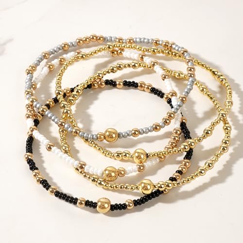 14K Gold Plated Beaded Bracelets Stack Set for Women,Stretch Boho Colorful Beads Ball Jewelry Friendship Summer Trendy - color: White ball