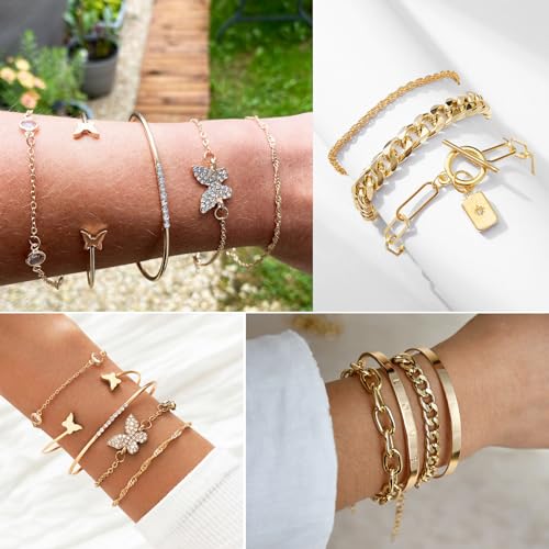 17IF 24-25 Pcs (6 Pack) 14K Gold Ankle Bracelets Set for Women Boho Stackable Bangles Cuff Charm Chunky Wrist Jewelry