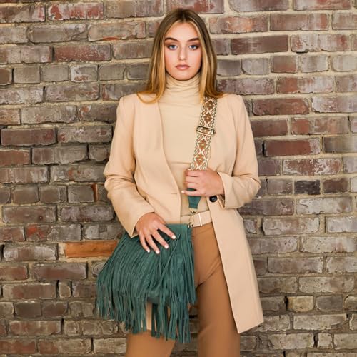 JEN & CO. Sadie Fringe Crossbody Bags for Women Vegan Suede Shoulder Purse with Adjustable Guitar Strap Boho Handbag - color: Brown
