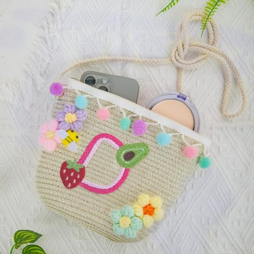 Letter Small Woven Straw Summer Beach Tote Bag for Women 2025,Woven Straw Beach Purse Shoulder Crossbody Bag for Women 2025 - color: Brown D