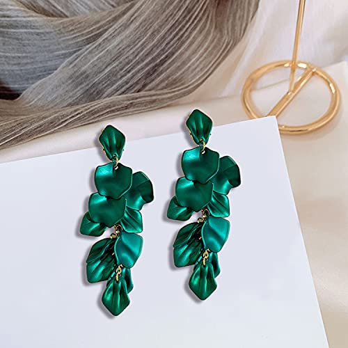 Long Acrylic Rose Petal Earrings Dangle Exaggerated Flower Earrings Drop Statement Floral Tassel Earrings for Women - color: Dark Green
