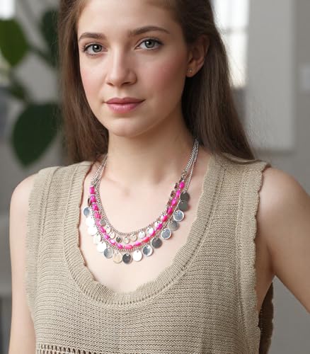 Noessla Layered Beaded Chunky Necklace for Women Boho Two-color Shell Statement Necklace Fashion Collar Costume Jewelry Gifts for Mum - color: 94-Hot Pink