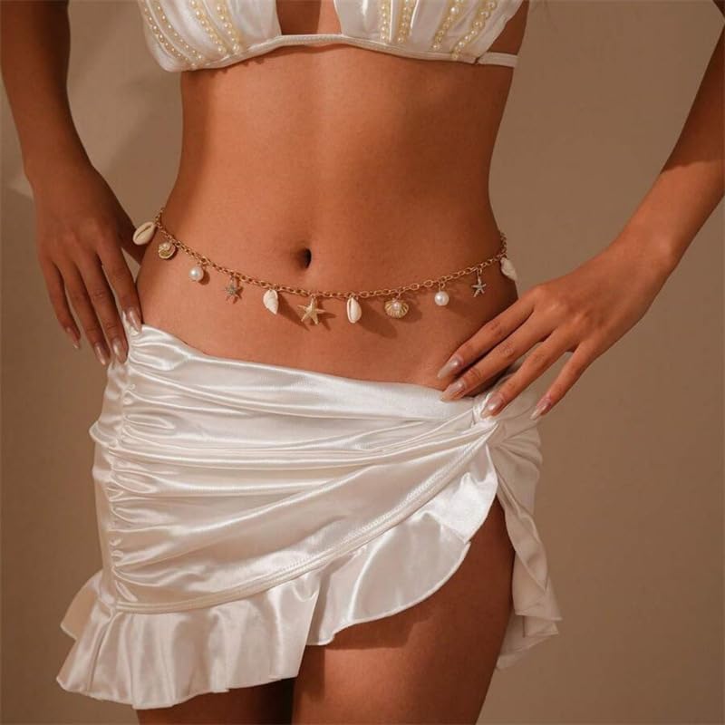 Gold Starfish Seashell Waist Chain Belt for Women Boho Mermaid Pearl Body Chain Summer Beach Vacation Bikini Jewelry Accessories - style: Thin chain