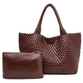 Handmade Woven Tote Bag for Women, Soft Vegan Leather Shoulder Bag with Purse, Large Travel Handbag - color: Red-brown