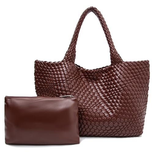 Handmade Woven Tote Bag for Women, Soft Vegan Leather Shoulder Bag with Purse, Large Travel Handbag - color: Red-brown