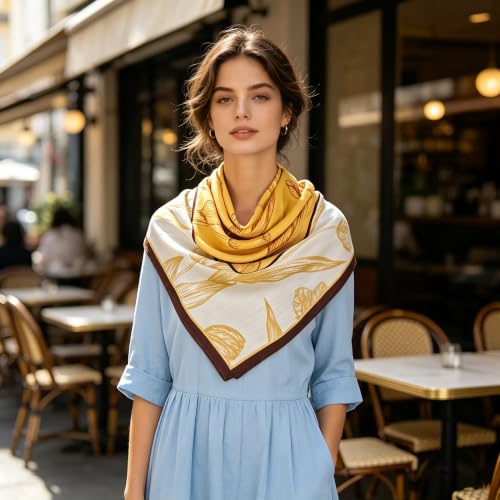 35" Head Scarf Large Square Scarf Like Cotton Hairscarf Fashion Scarves Bandana Night Sleeping Wraps for Women B01 - color: Beige/Coffee Tulips