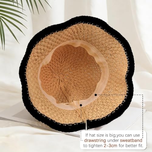 Sun Hat for Women Beach Hat Straw Bucket Hat Summer UV Protection, Packable Breathable Crochet Style - color: 1pack-khaki-black-brim