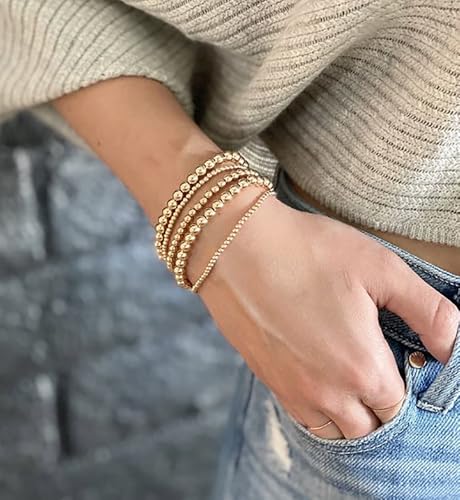Gold Beaded Bracelets for Women, 14K Real Gold Plated Jewelry for Women Dainty Pearl Bead Bracelets Stack, Non Tarnish Trendy Stackable Ball Cross Stretch Bracelet Set Fashion Accessories Gifts - color: Gold stretch bead
