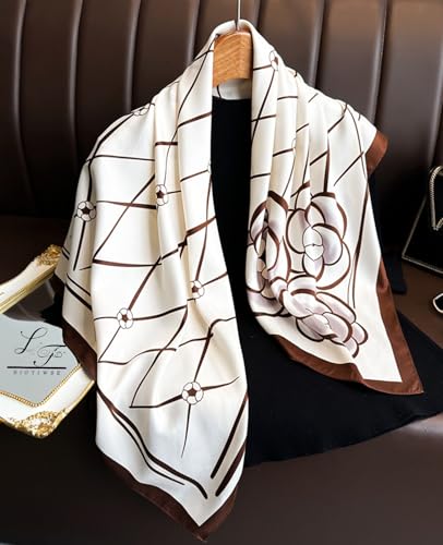 Hioyiwse Head Scarf For Women Hair Bandana 35" Large Square Satin Wrap Sleeping Neck Silk Satin Hair Scarves Lightweight - color: F3-rose Lines on White Background(35*35inch）