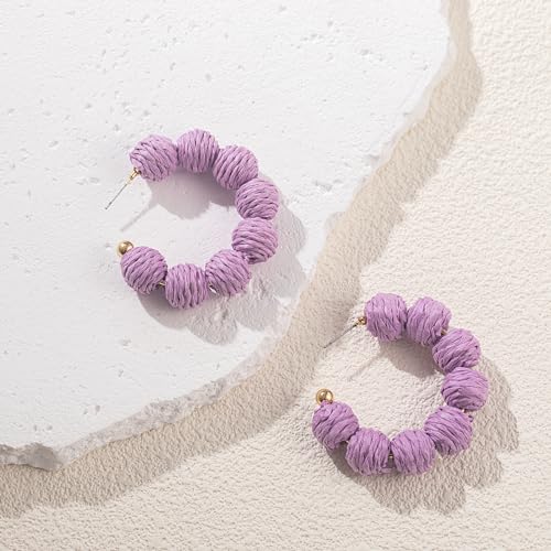 Raffia Hoop Earrings Statement Boho Beaded Earrings Cute Rattan Handmade Colorful Jewelry for Women Unique Summer Outfits - color: Purple