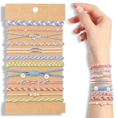 DIYDEC 12pcs Hair Ties Bracelet for Women Boho Braided Hair Ties No Damage Elastic Hair Bracelet Band for Girls Soft Thick Thin Long Curly Hair Accessories (Colour) - color: Colour