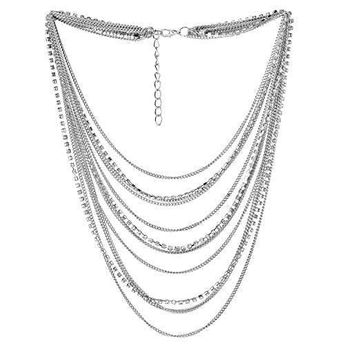 Waterfall Multi-Strand Chains Statement Collar Necklace with Rhinestones Chains, Dress - color: B-Metal Color: Silver