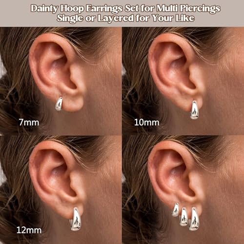 BESTEEL 3Pairs 14K Gold Plated Hoop Earrings Set for Women Chunky Earring Silver Plated Hypoallergenic Small Huggie Hoops Lightweight Tiny Thick Trendy Hoop Earrings Stacks for Multiple Piercing - color: silver plated