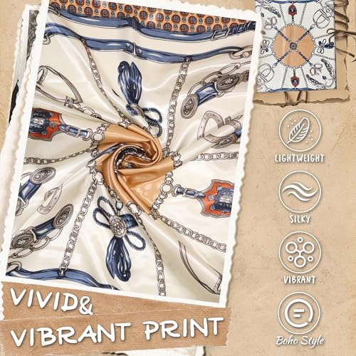 Large Square Head Scarf Bandana - 35" Satin Hair Scarf for Women Like Silk Scarf Fashion Hair Wrapping - color: Equestrian Chain(khaki), size: 35IN*35IN