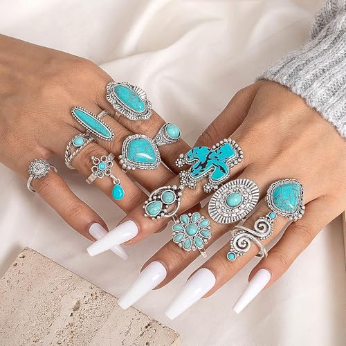Boho Turquoise Ring for Women Silver Western Stackable Knuckle Rings Vintage Cactus Flower Midi Finger Ring Statement Jewelry Gifts - color: 14