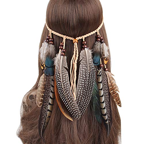 WLBON Halloween Boho Feather Headband Hippie Indian Hair Hoops Bands Tassel Bohemian Headpiece Hairband Women Christmas Wedding Holiday Festival Masquerade Cosplay Dress Up Birthday Party Accessories - color: Gray Feather