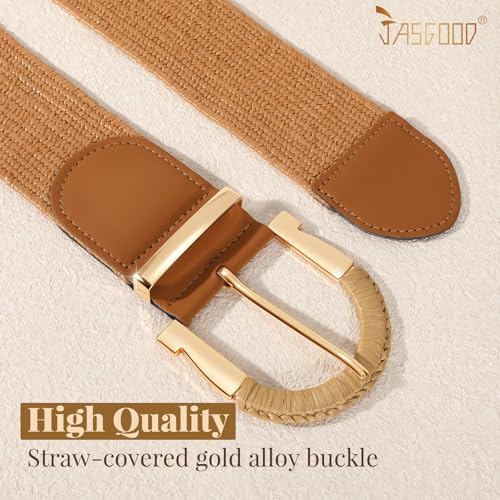 JASGOOD Straw Woven Belt for Women Dresses Boho Elastic Braided Belt Rattan Raffia Belts Ladies Wide Belt,1.97" Width - color: A-brown, size: Fit waist size 30"-35"