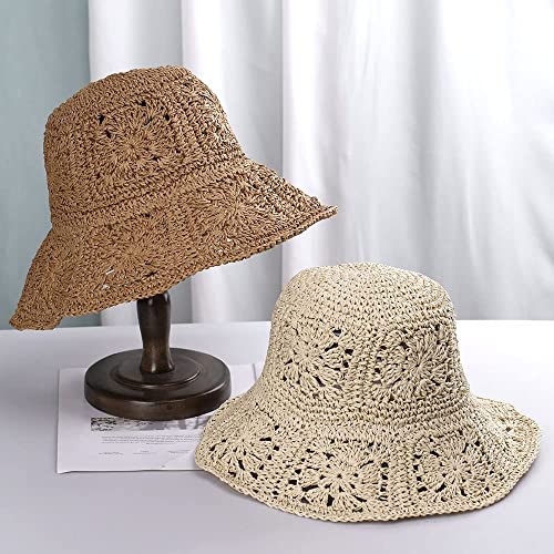 Women Straw Sun Hat Floral Woven Crochet Bucket Hat Y2k Aesthetic Accessories Beach Hat Hand Woven Boho Foldable Cap - color: Beige