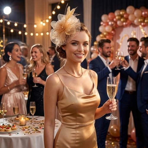DRESHOW Fascinators Hat Flower Mesh Ribbons Feathers on a Headband and a Clip Tea Party Headwear for Girls and Women - color: 7" Diameter / Gold