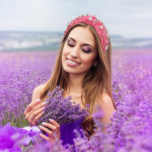 WantGor Pearl Knotted Headband, Women Rhinestone Embellished Hairband Elegant Wide Top Knot Bride Headbands Headpieces Party Fashion Elegant Ladies Hair Band Hair Hoop Accessories (Hot Pink) - color: Hot Pink