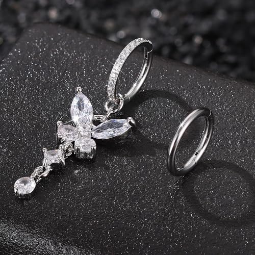 THUNARAZ 2Pcs Belly Button Rings for Women Surgical Stainless Steel Clicker Belly Rings Hoop CZ Heart Butterfly Dangle Navel Rings Belly Piercing Jewelry Silver Tone 14G - color: Silver Tone-Dangle Butterfly