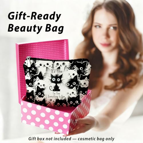 Funny Cat Makeup Bag for Women & Teen Girls, It's Fine I'm Fine Everything Fine Travel Pouches for Toiletries, Kitty Cosmetic Zipper Travel Toiletry Bag, Cute Black Cat Gifts for Cats Gifts Lovers - color: 02-Cat(04)