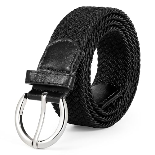 JASGOOD Women Men Braided Woven Elastic Stretch Waist Belt Golf Canvas Fabric Casual Belt for Jeans Pants - color: D-black, size: Fit Size 42"-45"