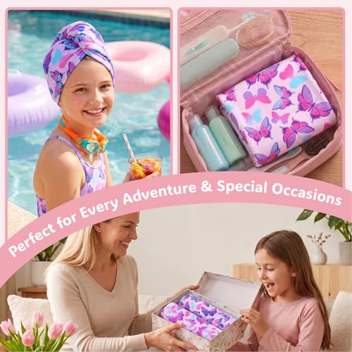 Basumee Microfiber Hair Towel Wrap for Kids 2 Pack - Rapid Drying Turbans With Button for Wet Hair - Head Towel Wrap for Women and Girls, Blue Pink Butterfly - color: Blue Pink Butterfly