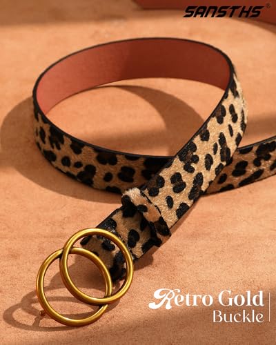 SANSTHS Womens Leather Belt for Jeans Pants Fashion Waist Belts Gold Silver Double Ring Buckle - color: B-leopard-fixed Buckle, size: Fits Waist 47-51 inch