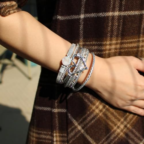 Womens Multi Layer Heart Leather Wrap Bracelet Boho Stackable Cuff Bangle Magnetic Clasp Crystal Birthday Valentine Gift - color: Silver