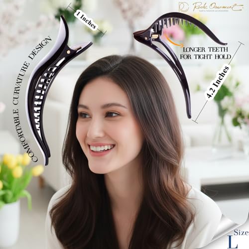 RC ROCHE 6 Pcs Duck Bill Alligator Hair Clips for Women Sectioning Flat Claw Long Thick Hair Inner Teeth Curved Styling Jaw Strong Secure Grip Salon, Large Black - color: (Large) Black