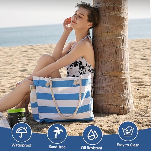 Clothirily Beach Bag for Women - Large Beach Tote Bag, Waterproof Sandproof Beach Bag with Zipper, Large Swim Pool Beach Tote - color: Sky Blue
