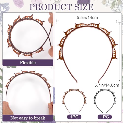 2 Pcs Headband with Clips, 90s Butterfly Hair Clips Headband with Teeth for Women, Braided Weave Bangs Non-Slip Clip Headbands Hair Accessories for Styling Decoration- Black, Light Brown - color: 2 Pcs,Black & Light Brown