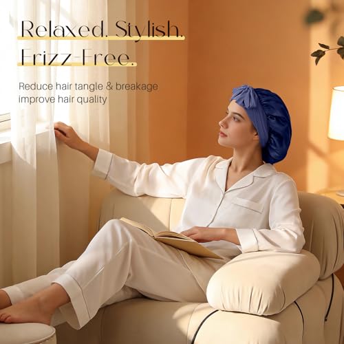 ZIMASILK 100% Mulberry Silk Bonnet for Sleeping Women Long Hair Double Layer Silk Hair Wrap with Tie Band Stay On Head (1Pc, Navy Blue) - color: Navy Blue