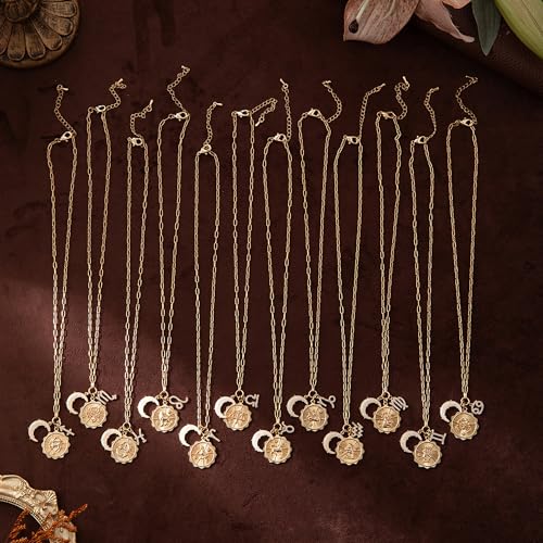 Dainty Gold Zodiac Embossed Coin Opal Crescent Moon Charm Necklace for Women Trendy 18K Gold Plated Retro Paperclip Chain 12 Constellation Horoscope Necklaces Astrology Jewelry Gifts - style: 10.CAPRICORN (DEC 22-JAN 19)