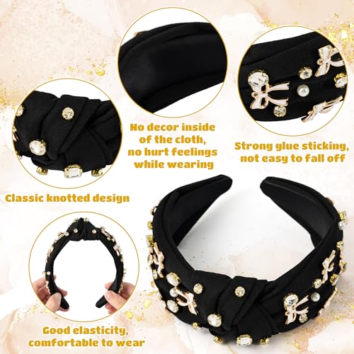 PANTIDE Black Bow Jeweled Knotted Headband - Rhinestone Crystal Pearl Embellished Headband Wide Top Knot Non Slip Hairband Accessories Bachelorette Wedding Birthday Gift for Women Girl (Black) - color: Black Bow
