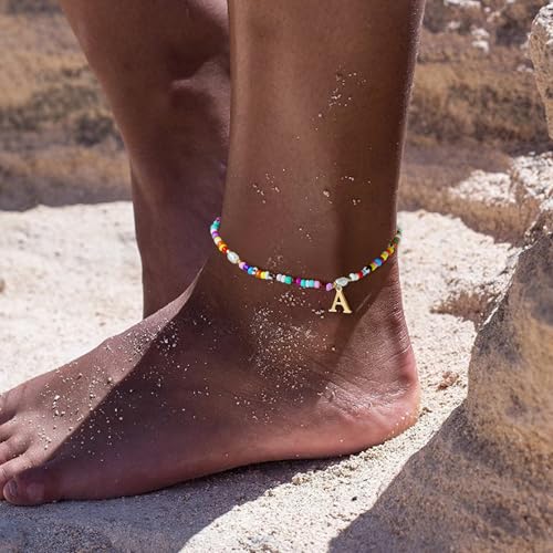 Ankle Bracelets for Women - Cute Pearl Beads Anklets for Women Waterproof Gold, Initial Colorful Boho Beaded Non Tarnish Foot Chain Anklet | Summer Colorful Jewelry Gift - style: L