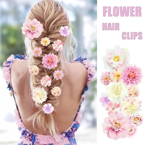 21 PCS Silk Flower Hair Clip Women Aesthetic Boho Pink Floral Hair Barrettes Handmade Rose Bride Barre Hair Accessories Wedding - color: Pink