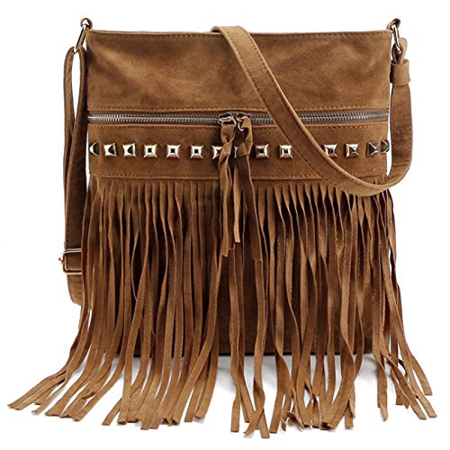 Hoce Women’s Leather Fringe Messenger Bag Large Hobo Crossbody Tassel Shoulder Bags, Gift for Mom Wife Girlfriend - color: E-brown