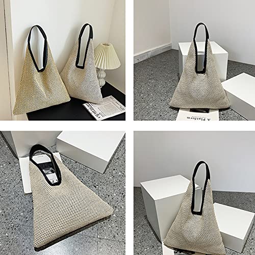 Hand-woven Straw Shoulder Bag Boho Black Leather Top Handle Tote Retro Summer Beach Bag Holiday Travel Handbag - color: White