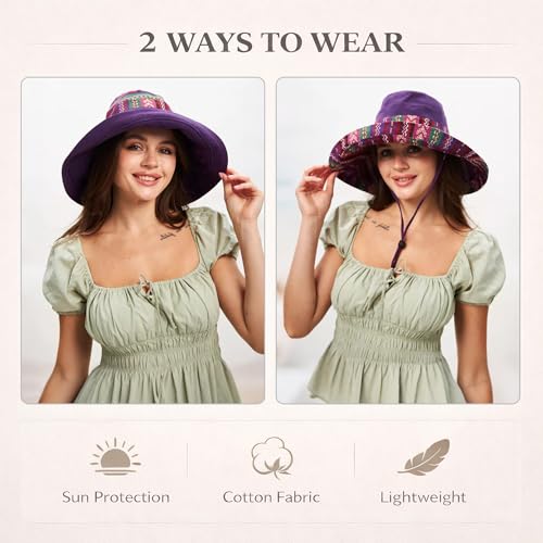 Wide Brim Sun Hat for Women Reversible Beach Hats Metal Wired Edge Gardening Hats, UPF 50+ Bucket Summer Hat - color: Purple Boho-style