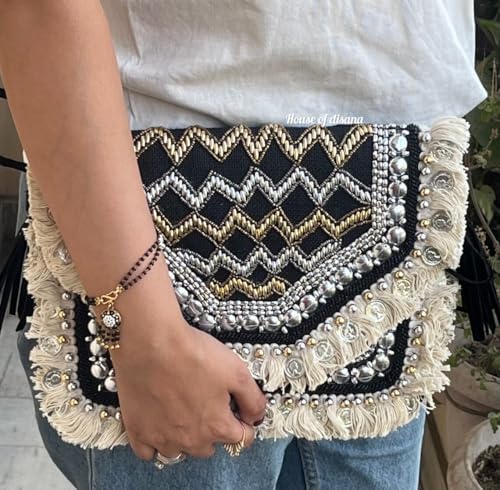 Handcrafted Boho Clutch Purse, Beaded Geometric Pattern with Fringe, Crossbody Evening Bag - color: Black