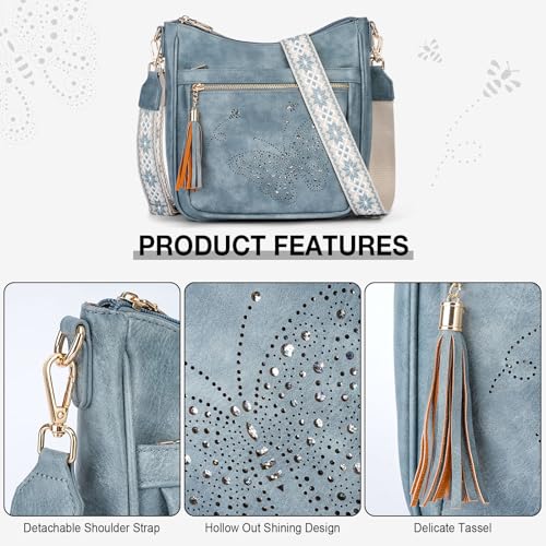 KITEVIUN Medium Crossbody Bags for Women Trendy, Women's Butterfly Shoulder Handbags with Tassel - color: 001-blue