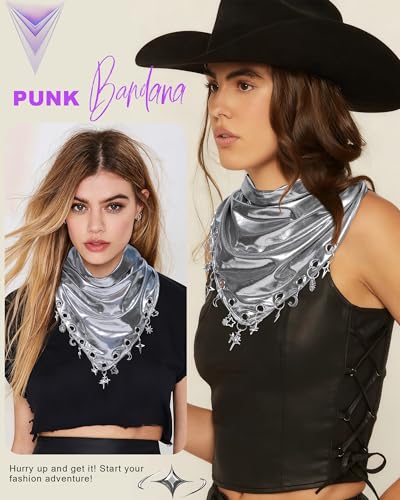Punk Triangle Head Scarf with Metal Charms - Y2K Sparkly Bandana for Women | Vintage Neck Scarf for Festival Party Concert - color: Silver