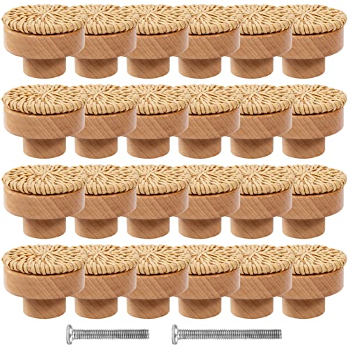 ANPHSIN 24 Pack Boho Rattan Cabinet Dresser Knobs- Durable Beech Wood Drawer Knobs, Decorative Handmade Wicker Woven Pulls Handles with 48 Screws for Home Furniture - style: Round Rattan (24 pcs)